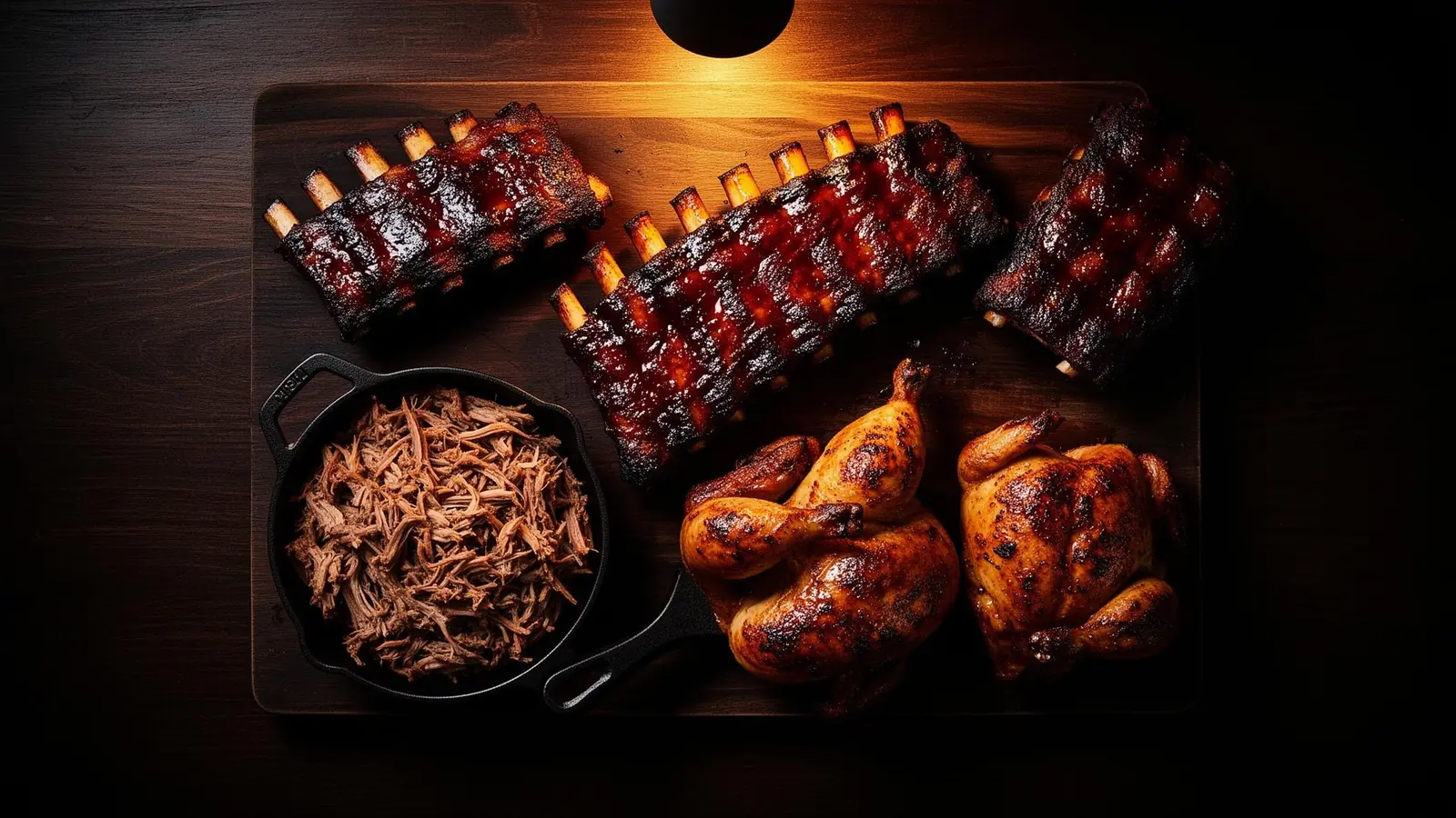 Mesa de festín con costillas, pulled pork y pollo ahumado
